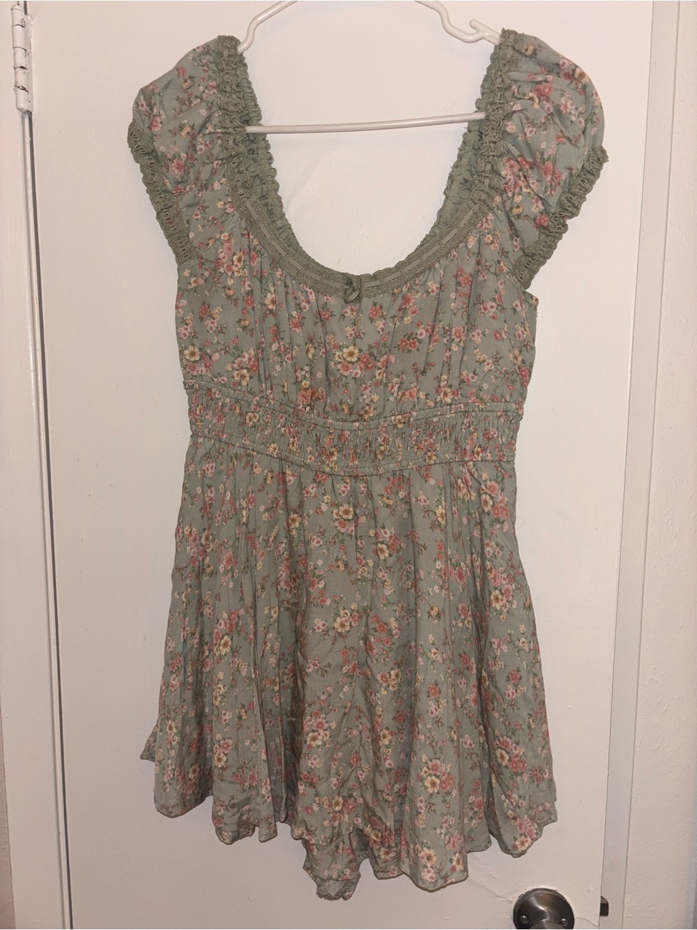 Altar'd State Sage Green Floral Smocked Puff Sleeve romper